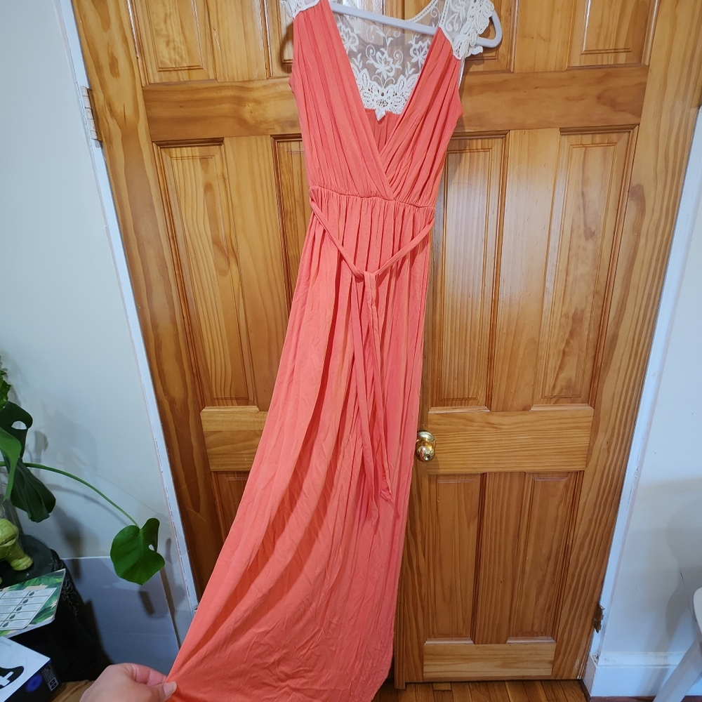 Pinkblush Coral Maxi Dress with Lace Detail